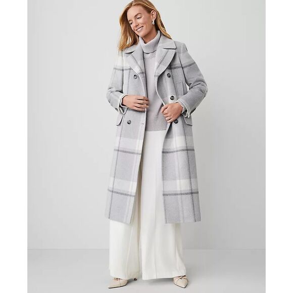 Ann Taylor $289 long Plaid Peacoat gray wool blend women's Large NEW - Picture 1 of 4